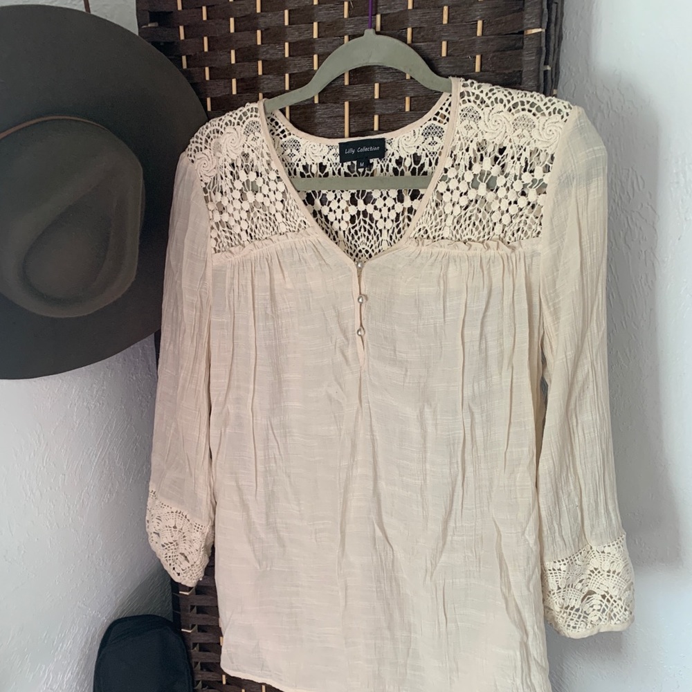 Lilly collection, size M sheer boho, hippie shirt.